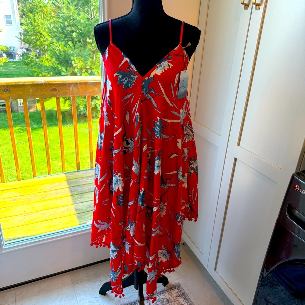 Goa Beachwear By Japana Tropical Pom Pom  Coverup Midi Dress Double V Sz L NEW!